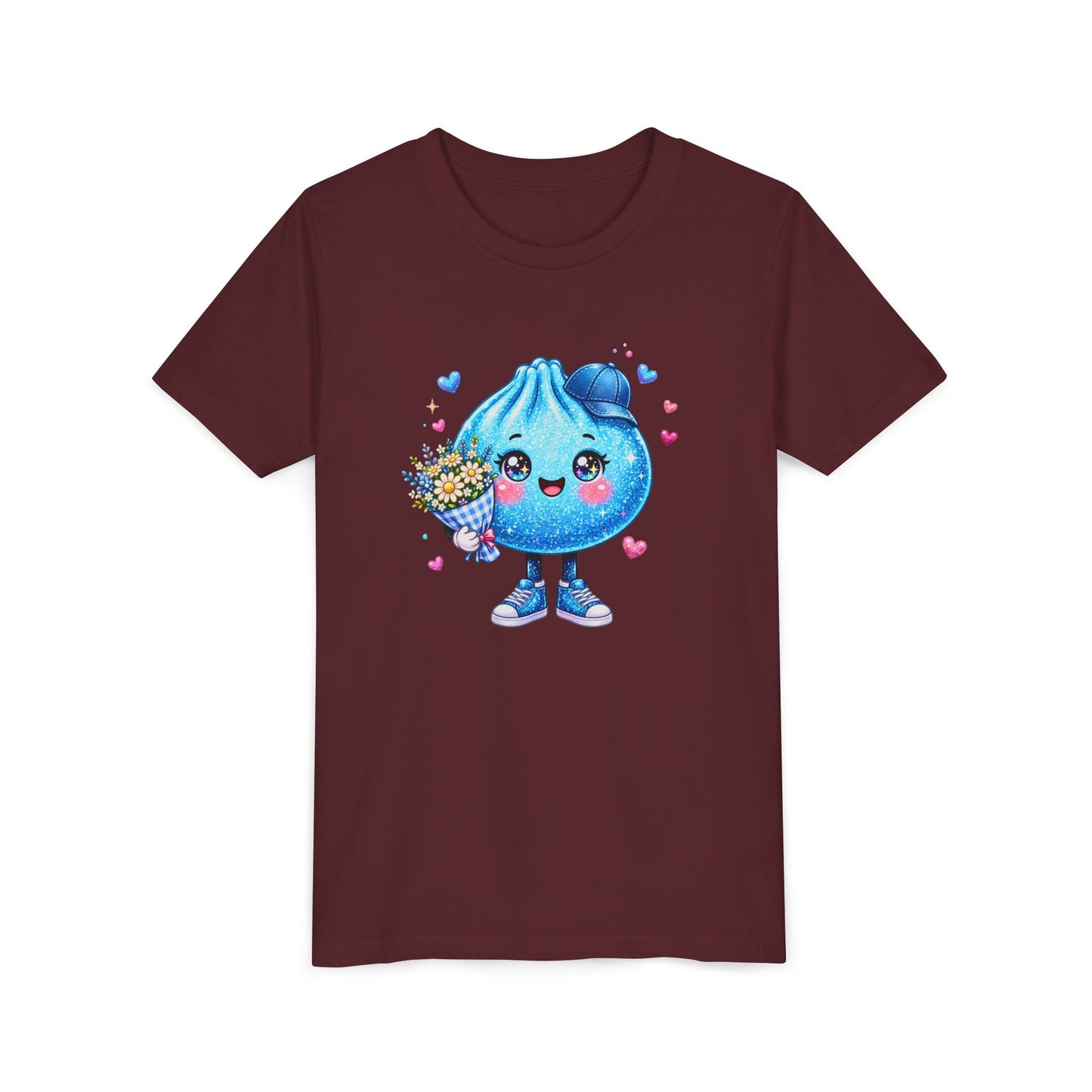 Cute Dumpling Kids Tee - Kawaii Blue Dumpling Holding Flowers Youth Shirt