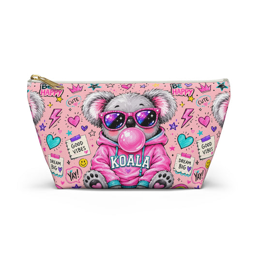 Cute Koala Bubblegum Accessory Pouch — Pink T-Bottom Makeup Bag with 'Koala' Hoodie & Good Vibes Pattern
