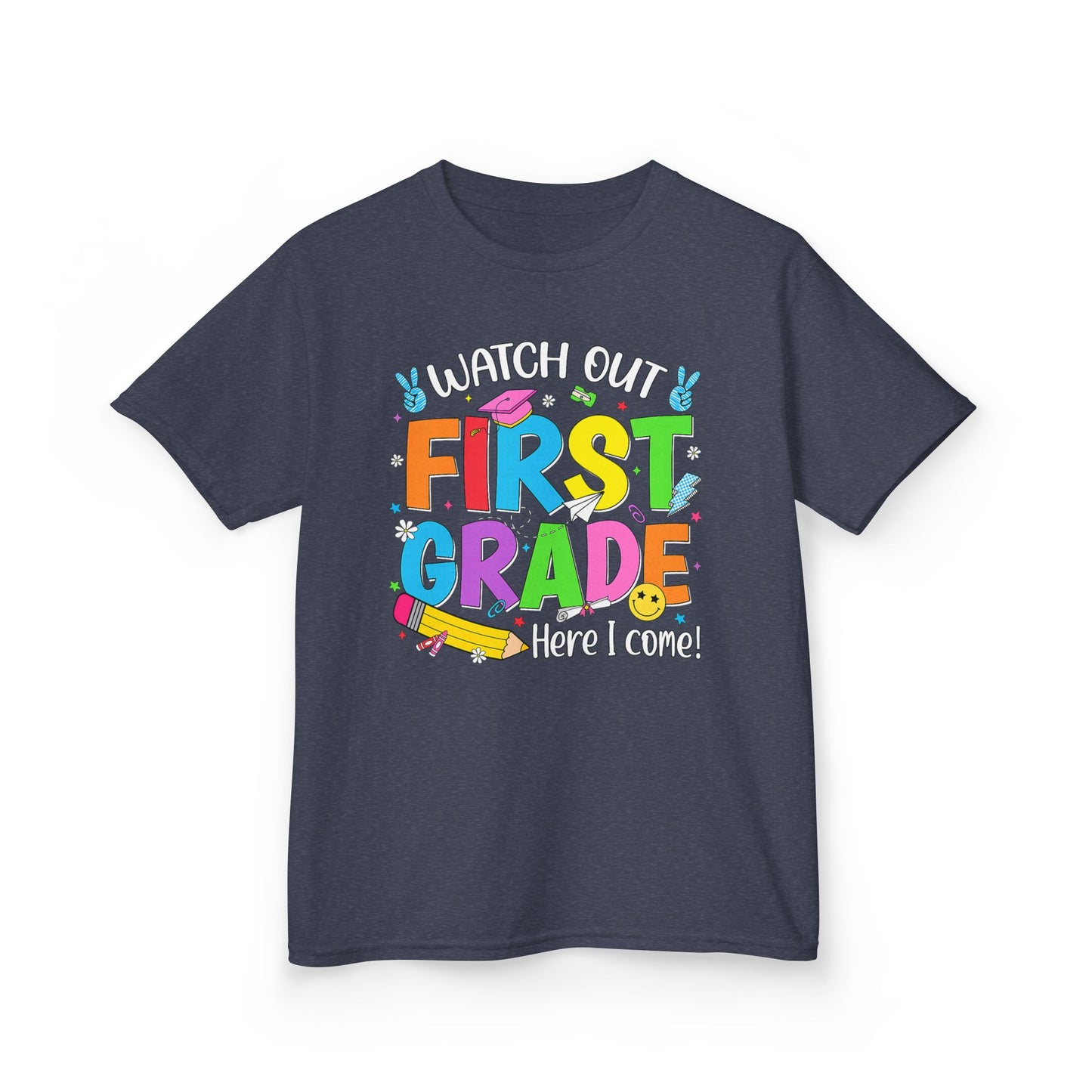 First Grade Kids T‑Shirt — "Watch Out First Grade Here I Come!" Back-to-School Tee