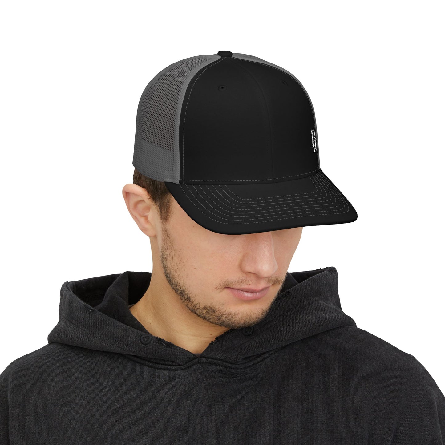Embroidered 'BZ' Snapback Trucker Cap — Black Front White Mesh Hat