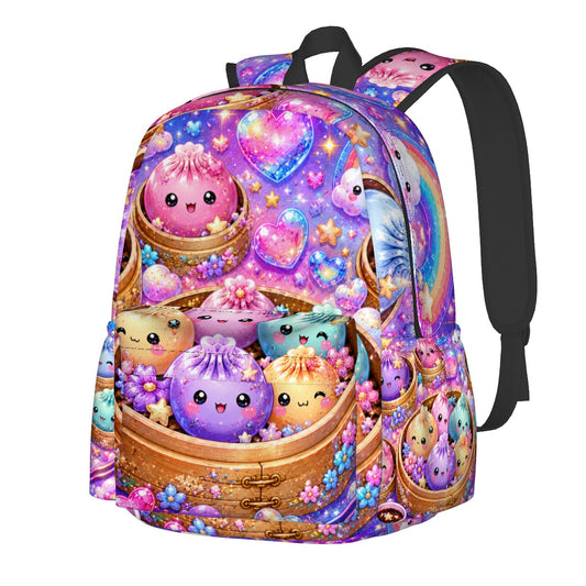 Cute Kawaii Dumpling Pattern Backpack — Colorful Pastel Moon & Stars School Bag