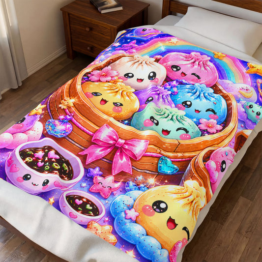 Kawaii Rainbow Dumplings Velveteen Plush Blanket — Cute Colorful Asian Food Cozy Throw