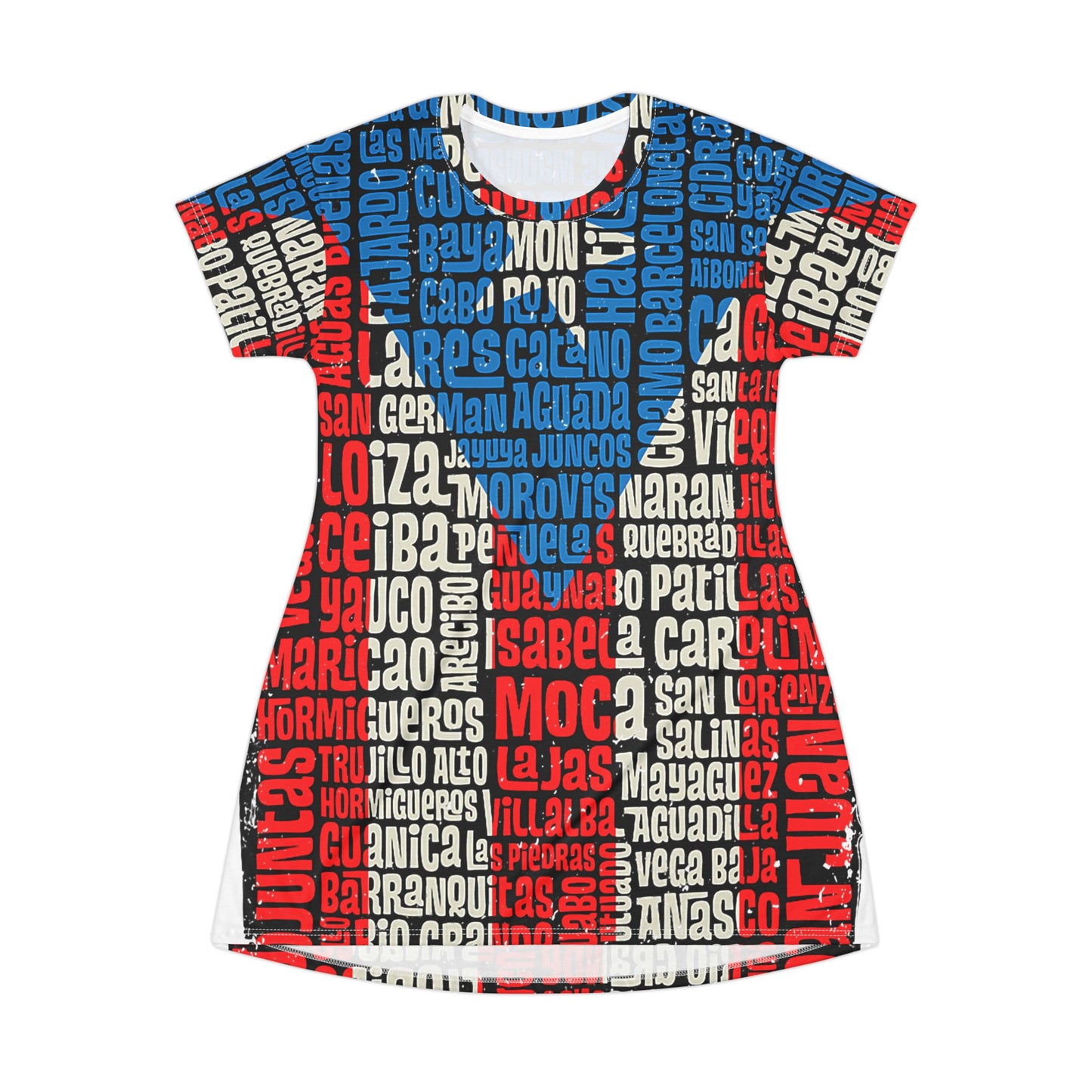 Puerto Rico Towns All-Over Print T-Shirt Dress — Red, White & Blue Typographic Design
