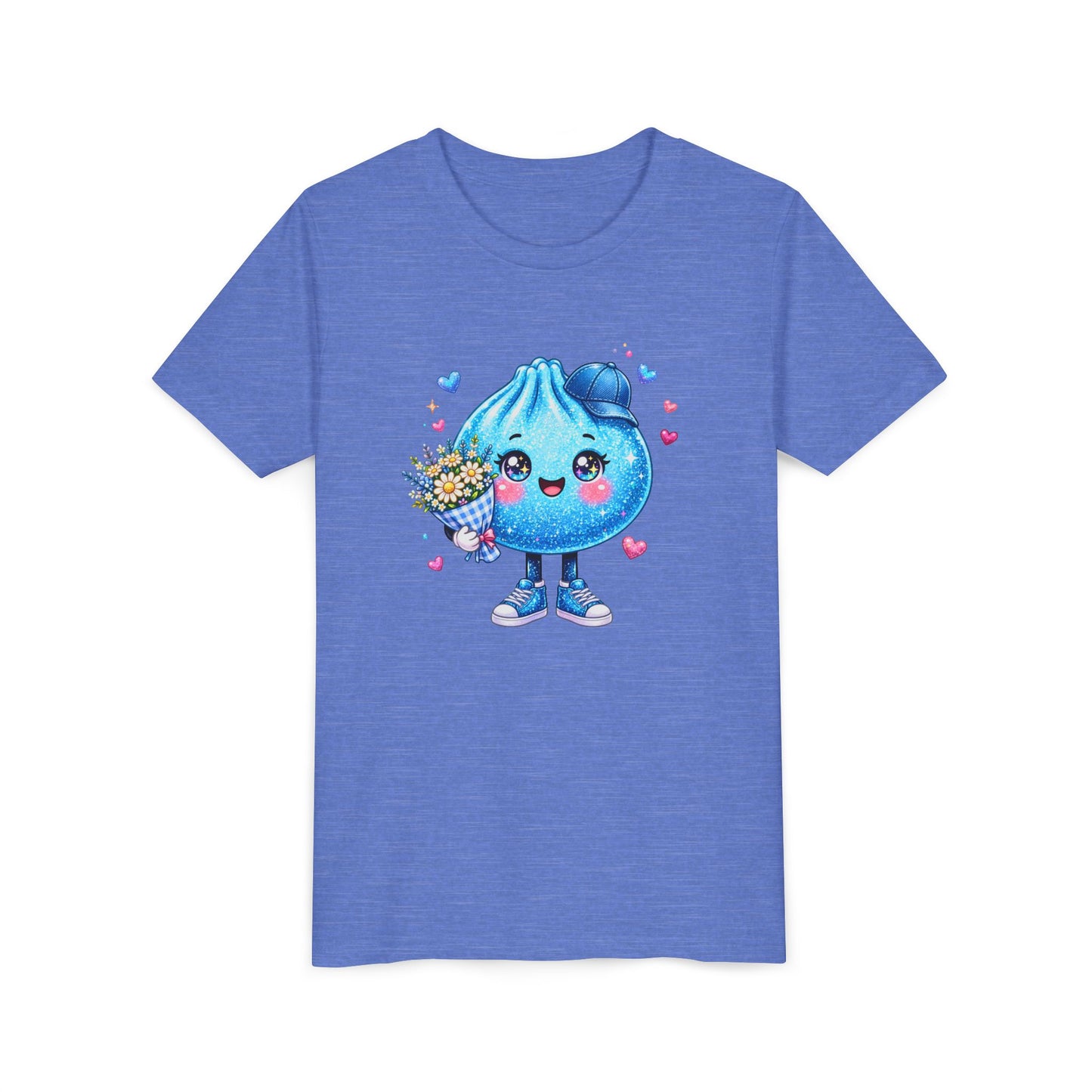Cute Dumpling Kids Tee - Kawaii Blue Dumpling Holding Flowers Youth Shirt