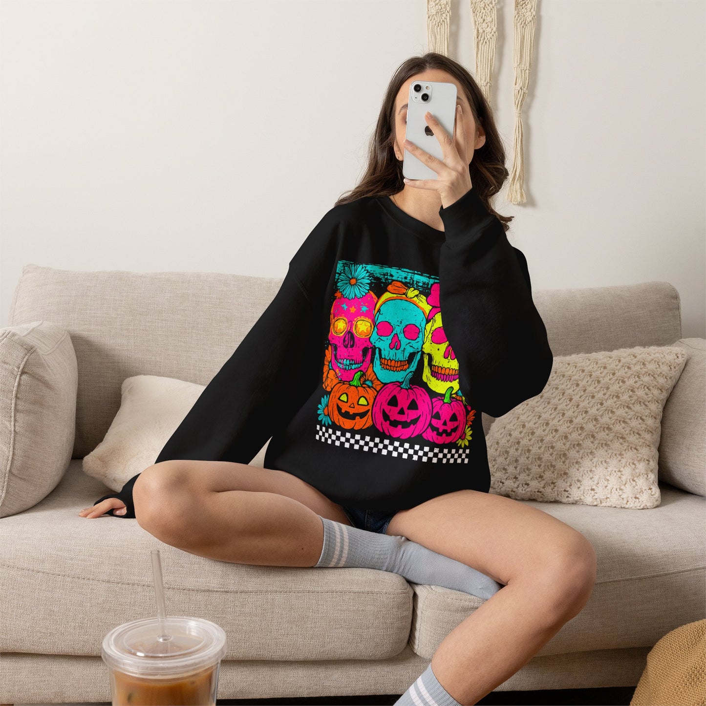 Neon Day of the Dead Sweatshirt — Colorful Skull & Pumpkin Halloween Crewneck - Halloween Sweater - Halloween Sweatshirts- Gifts for Mom