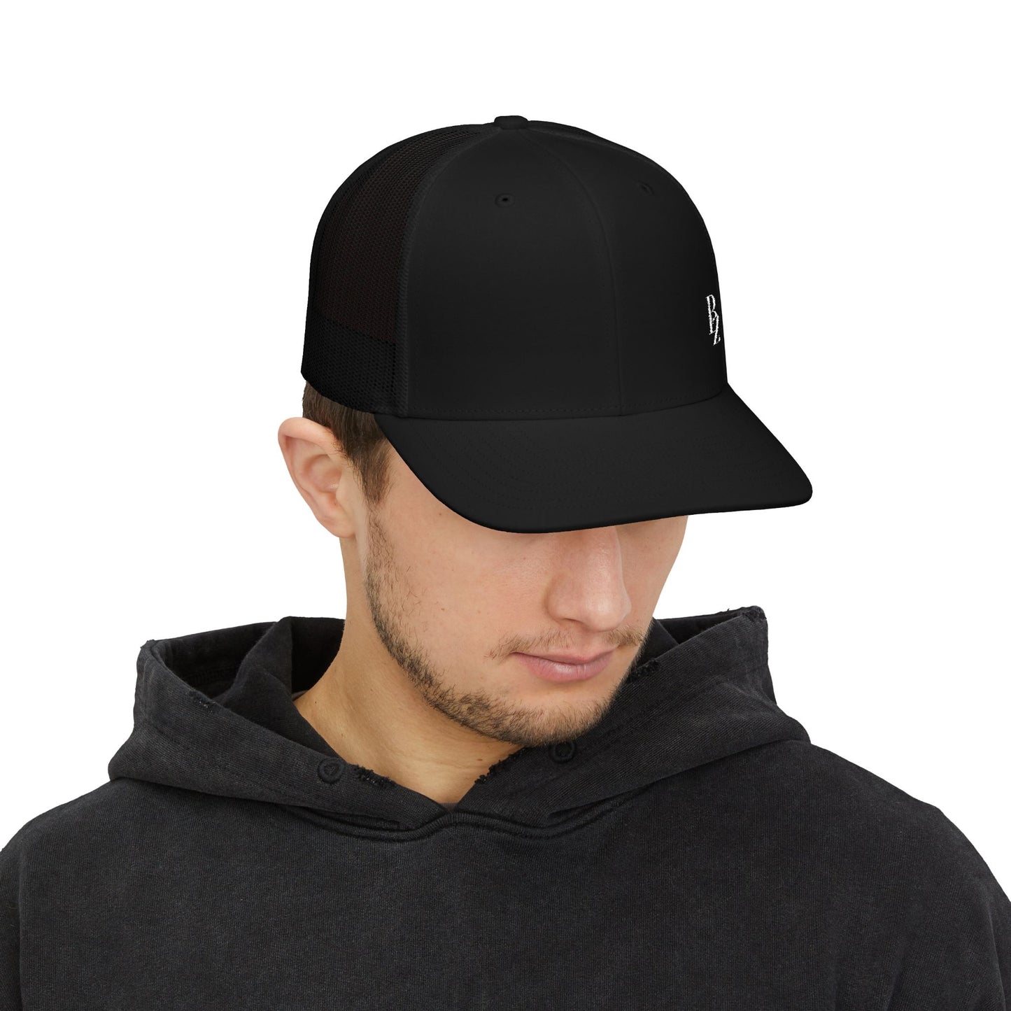 Embroidered 'BZ' Snapback Trucker Cap — Black Front White Mesh Hat
