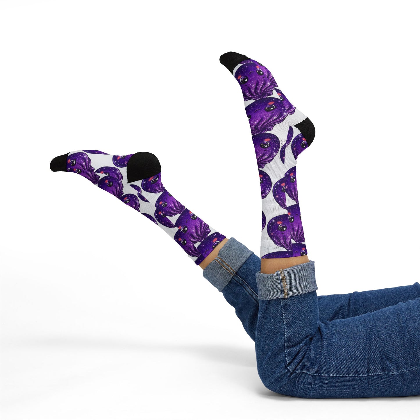Purple Galaxy Octopus Sublimation Socks – Cute Kawaii Sea Creature Crew Socks