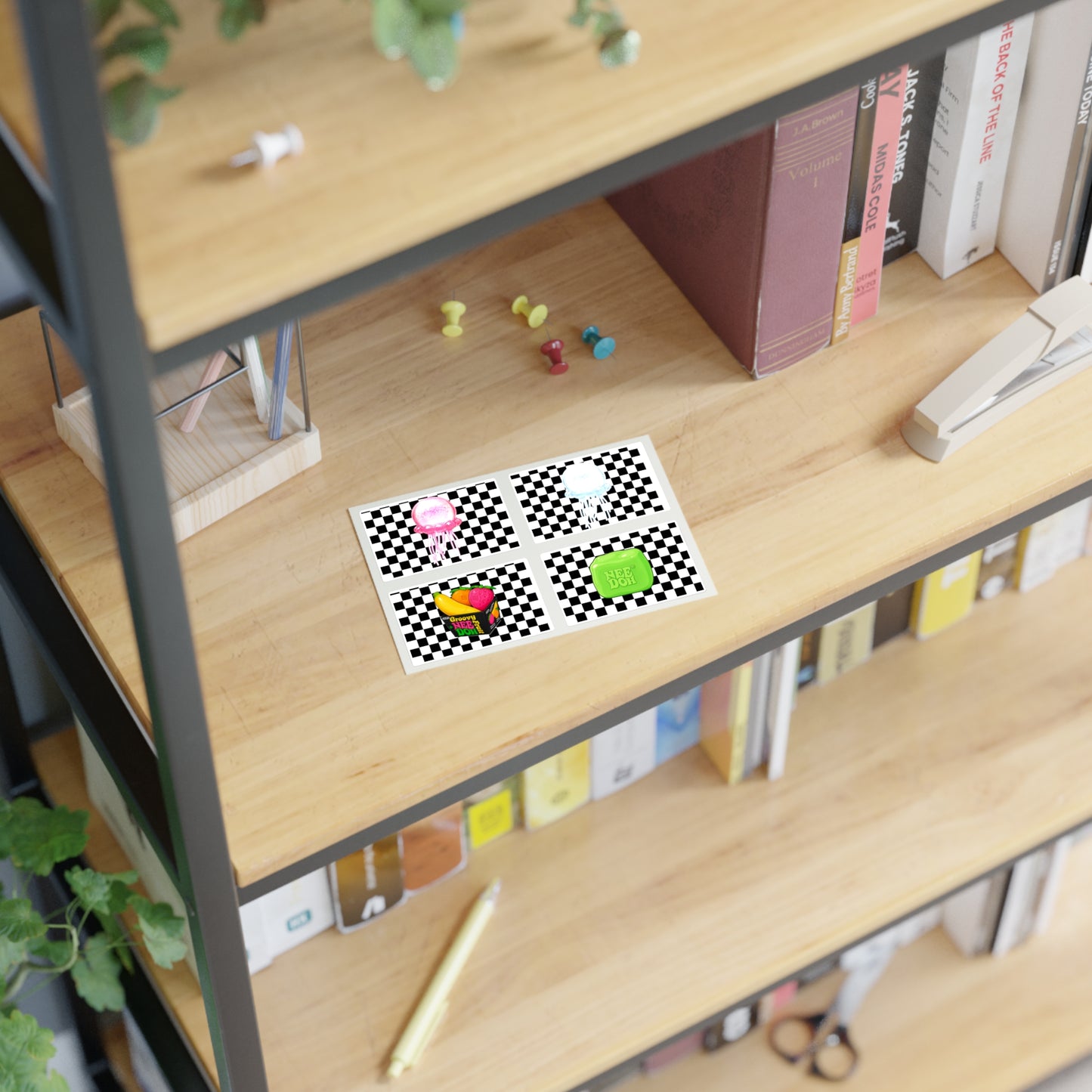 Checkerboard Jellyfish & NeeDoh Sticker Sheet — Retro Cute Decorative Stickers