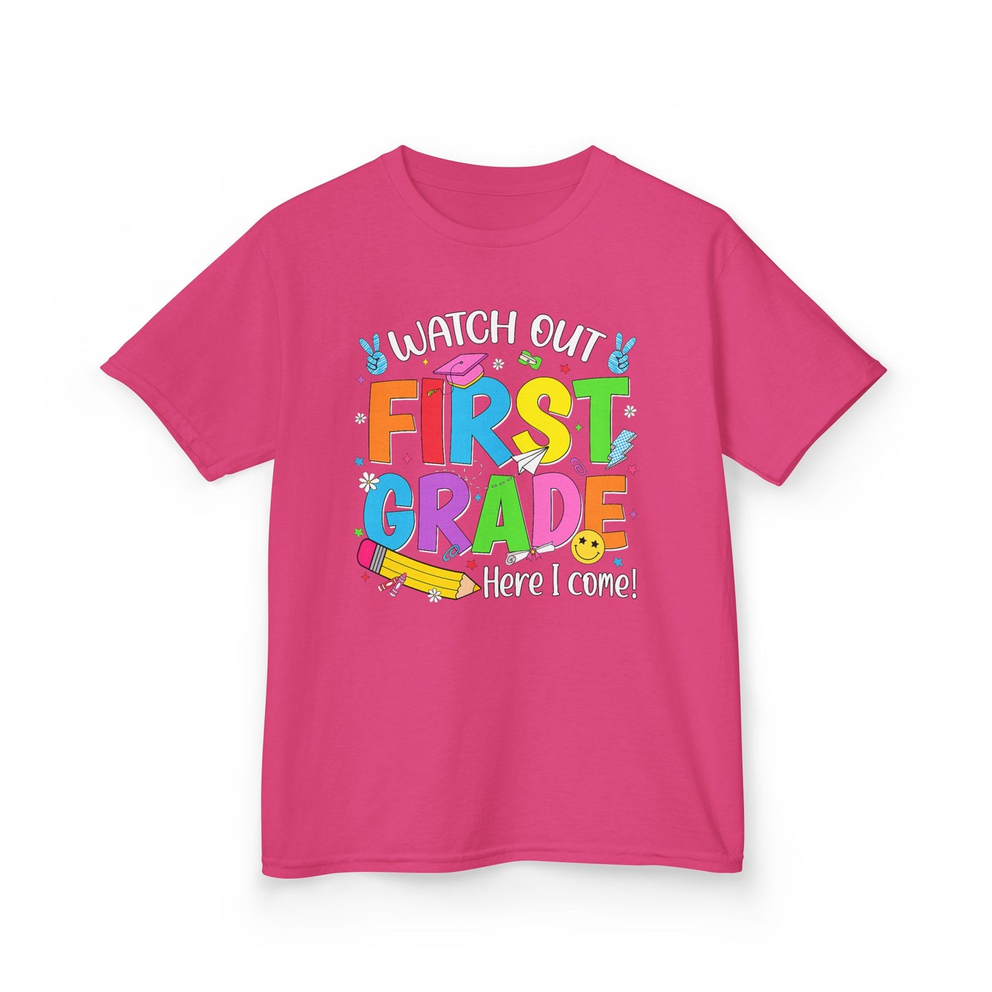 First Grade Kids T‑Shirt — "Watch Out First Grade Here I Come!" Back-to-School Tee