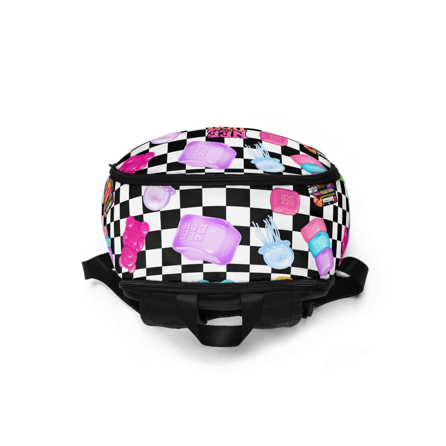 Checkerboard Candy Pattern Backpack — Cute Gummy, Ice Cream & 'Nerd Doh' Graphic School Bag