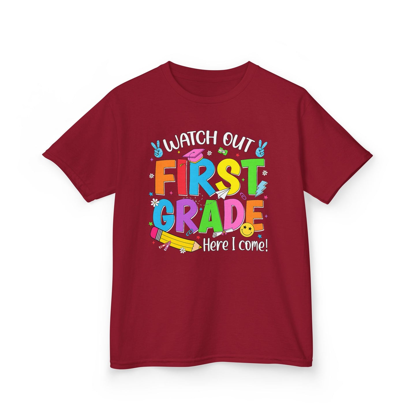 First Grade Kids T‑Shirt — "Watch Out First Grade Here I Come!" Back-to-School Tee
