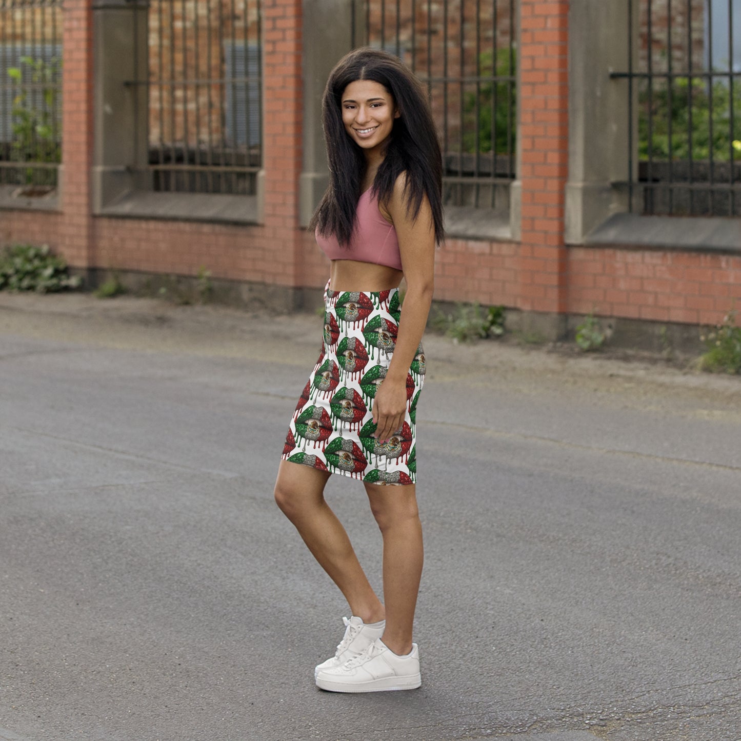 Mexican Flag Drip Lip Pencil Skirt