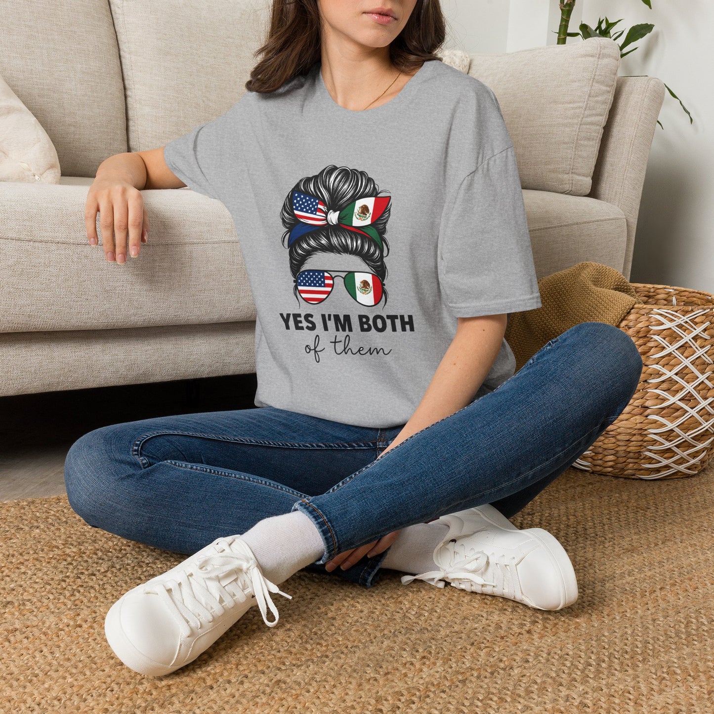 T-Shirt — “Yes I’m Both of Them” USA & Mexico Flag Messy Bun Graphic Tee