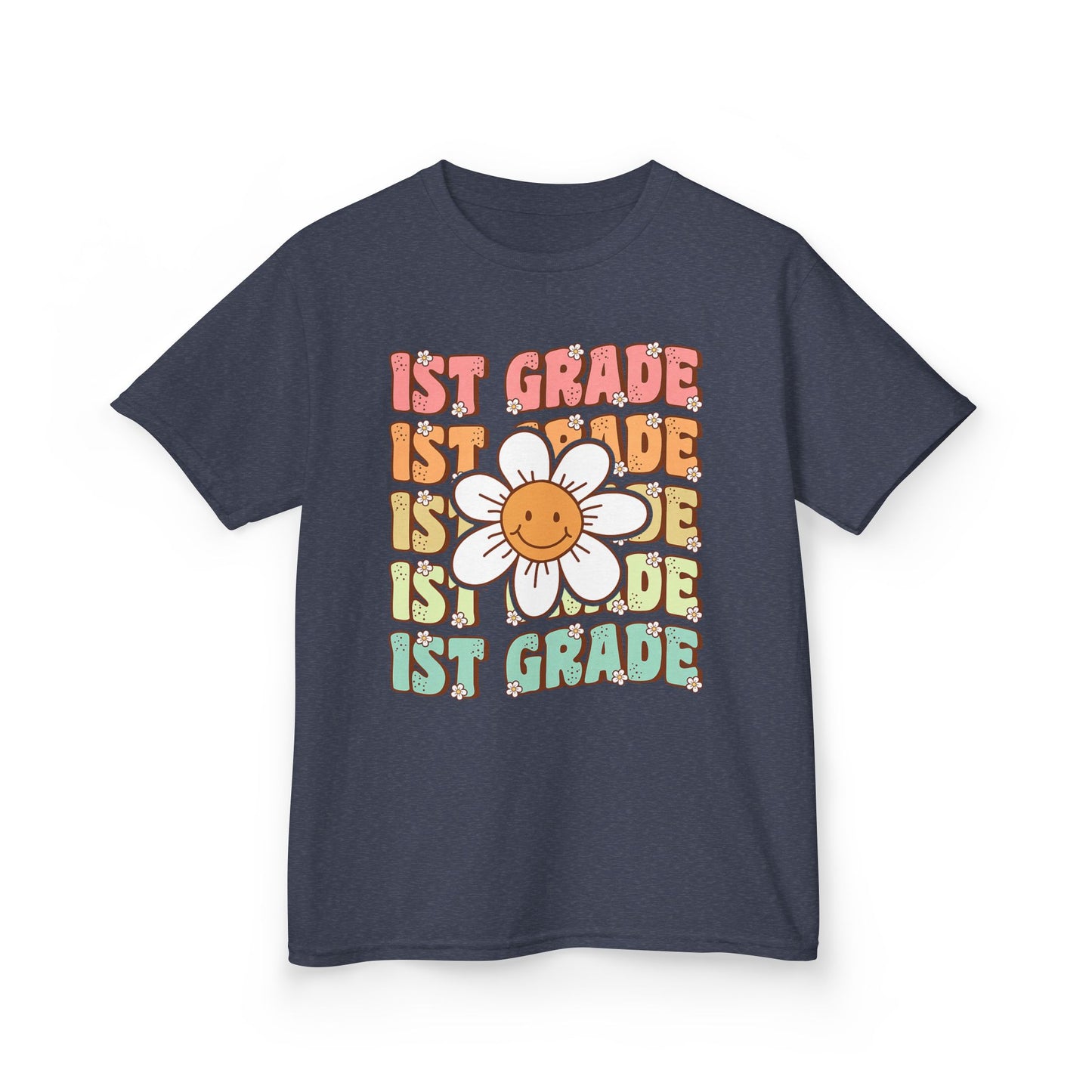 1st Grade Kids T‑Shirt — Cute Smiley Daisy Back-to-School Tee
