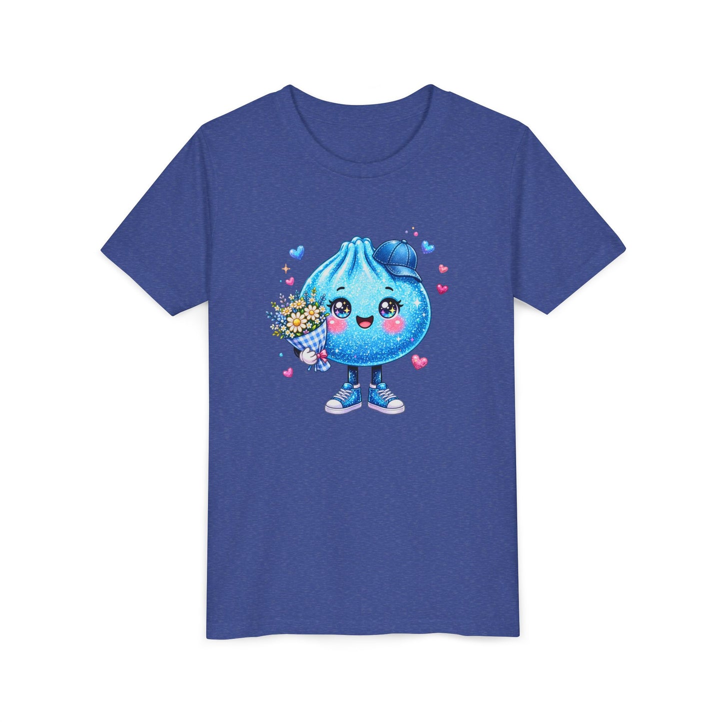Cute Dumpling Kids Tee - Kawaii Blue Dumpling Holding Flowers Youth Shirt
