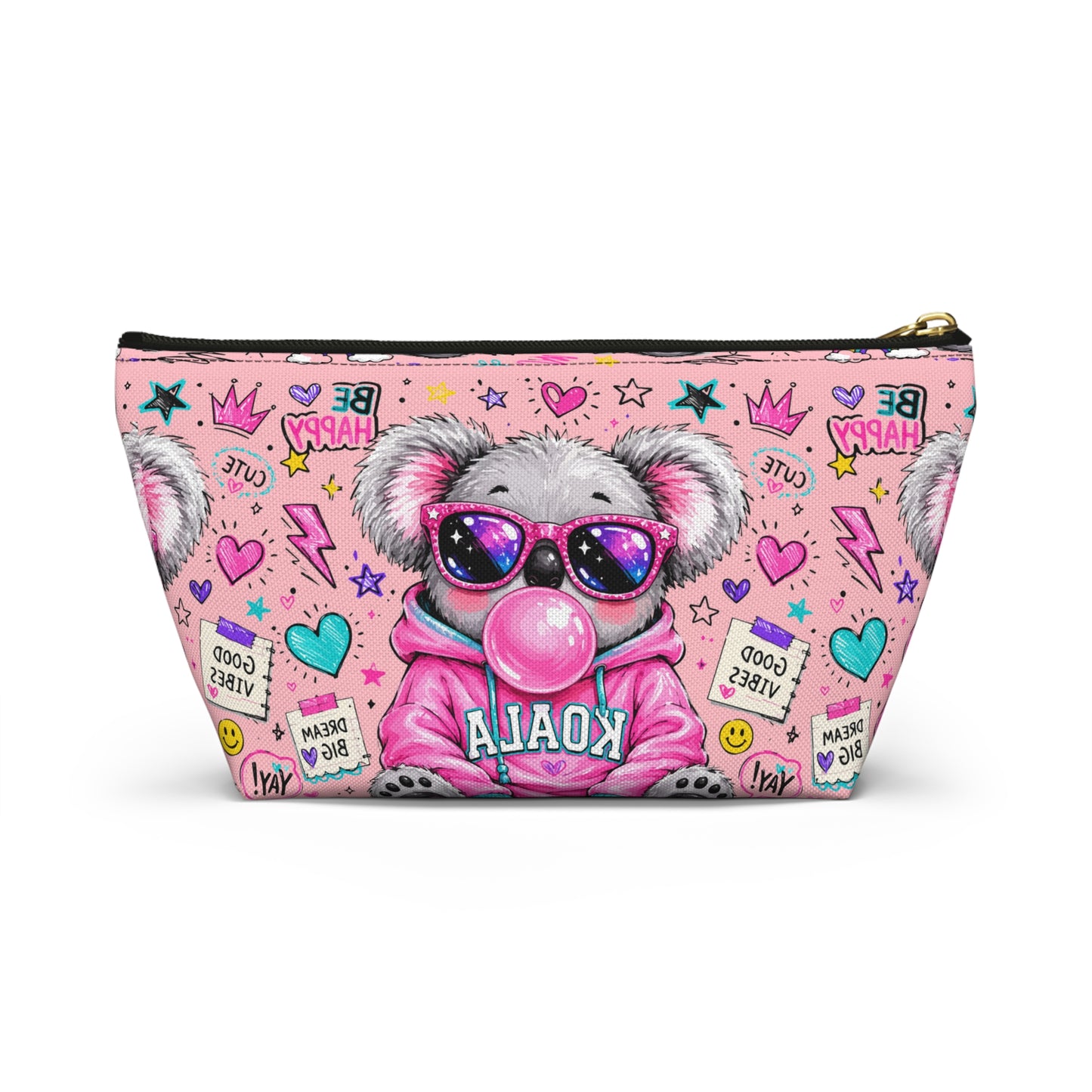 Cute Koala Bubblegum Accessory Pouch — Pink T-Bottom Makeup Bag with 'Koala' Hoodie & Good Vibes Pattern