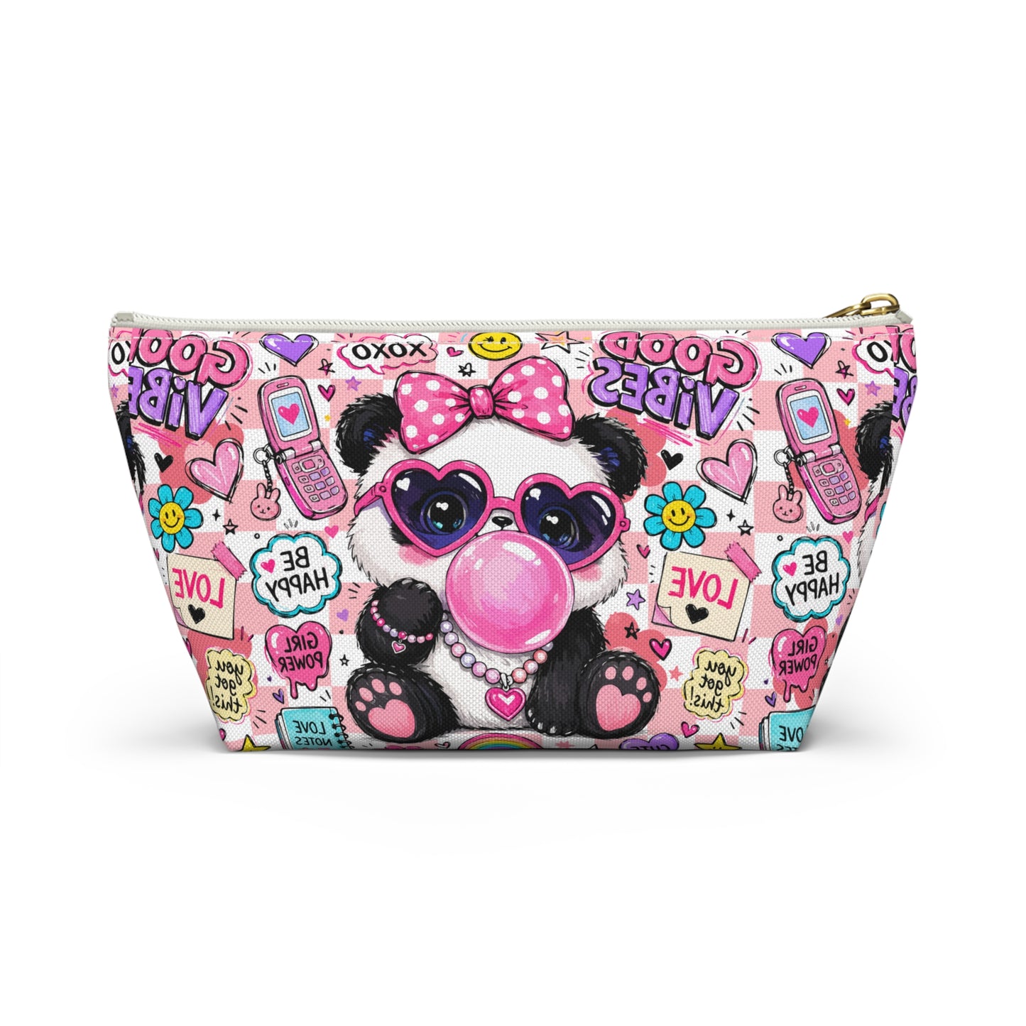 Cute Panda Bubblegum Accessory Pouch — Pink Heart Sunglasses Cosmetic Bag