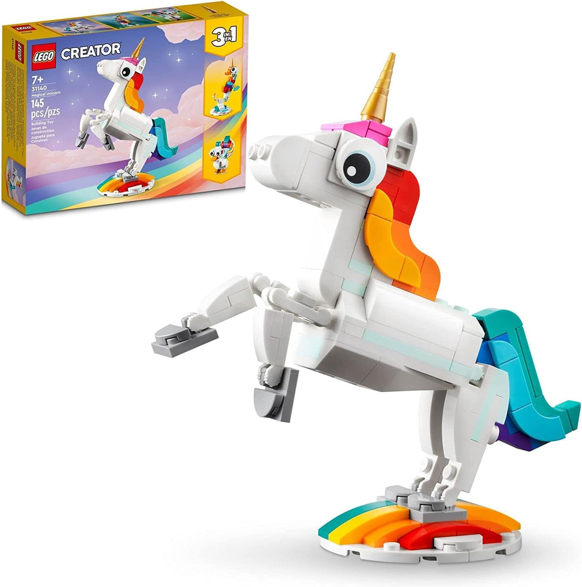 LEGO Creator 3 in 1 Magical Unicorn Toy, Transforms to Seahorse to Peacock, Rainbow Animal Figures, Unicorn Gift for Grandchildren, Girls and Boys, Buildable Toys, 31140