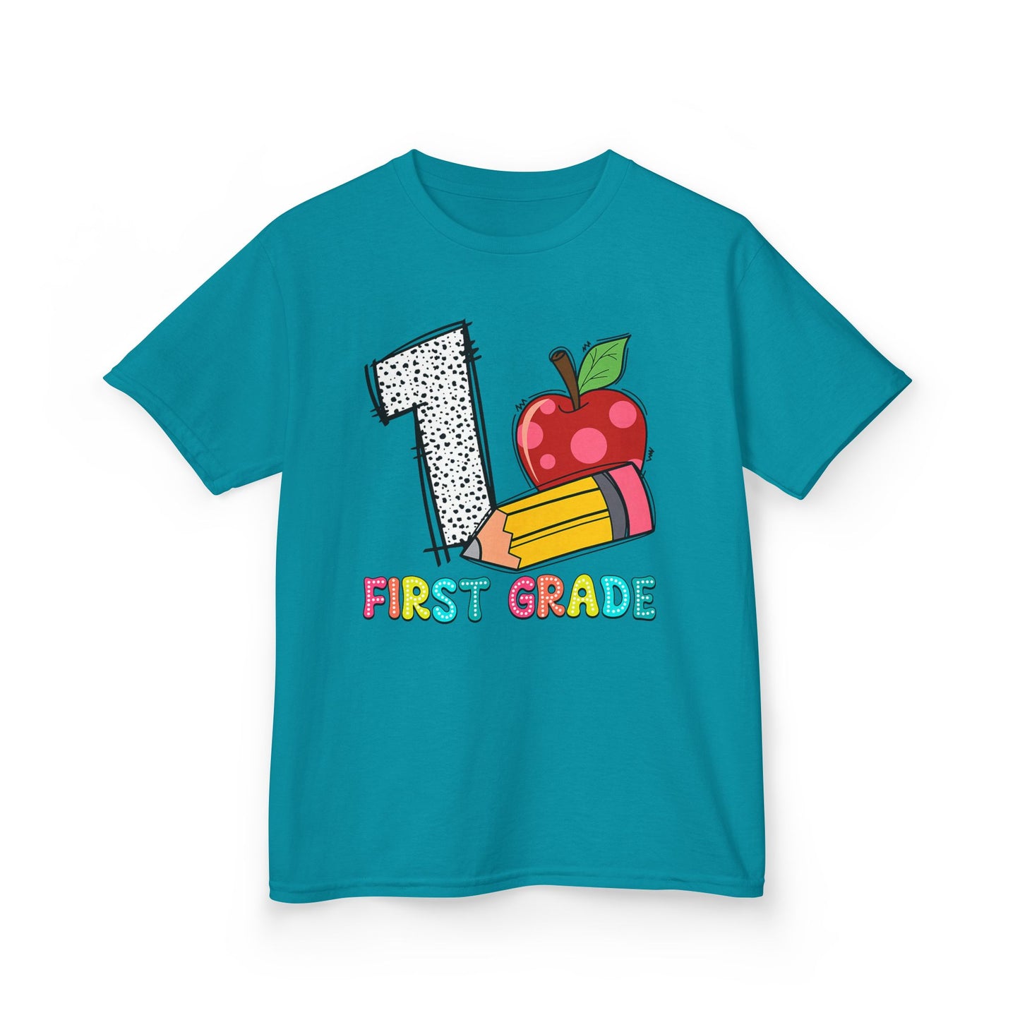 First Grade Kids T‑Shirt — Colorful '1 First Grade' Apple & Pencil Back-to-School Tee
