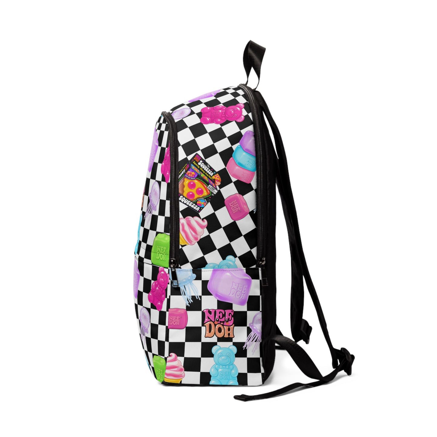 Checkerboard Candy Pattern Backpack — Cute Gummy, Ice Cream & 'Nerd Doh' Graphic School Bag