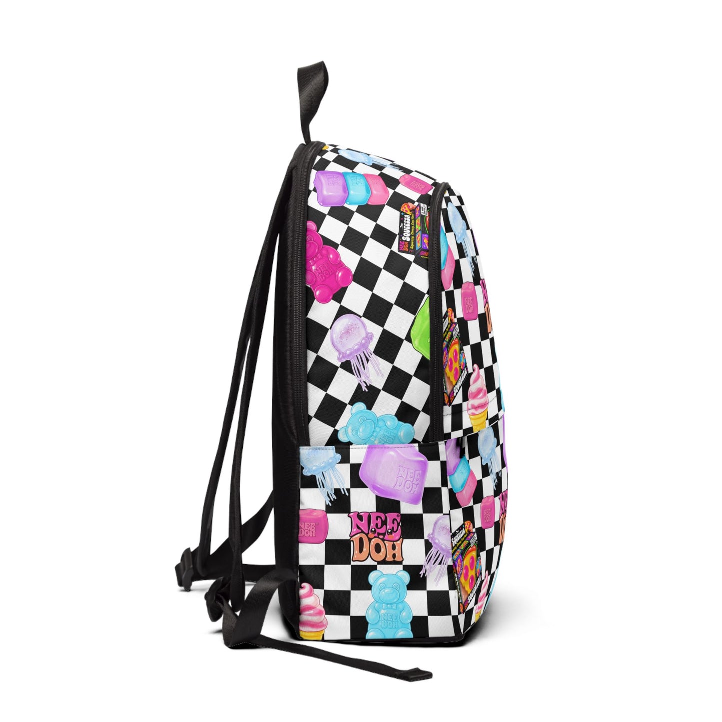 Checkerboard Candy Pattern Backpack — Cute Gummy, Ice Cream & 'Nerd Doh' Graphic School Bag