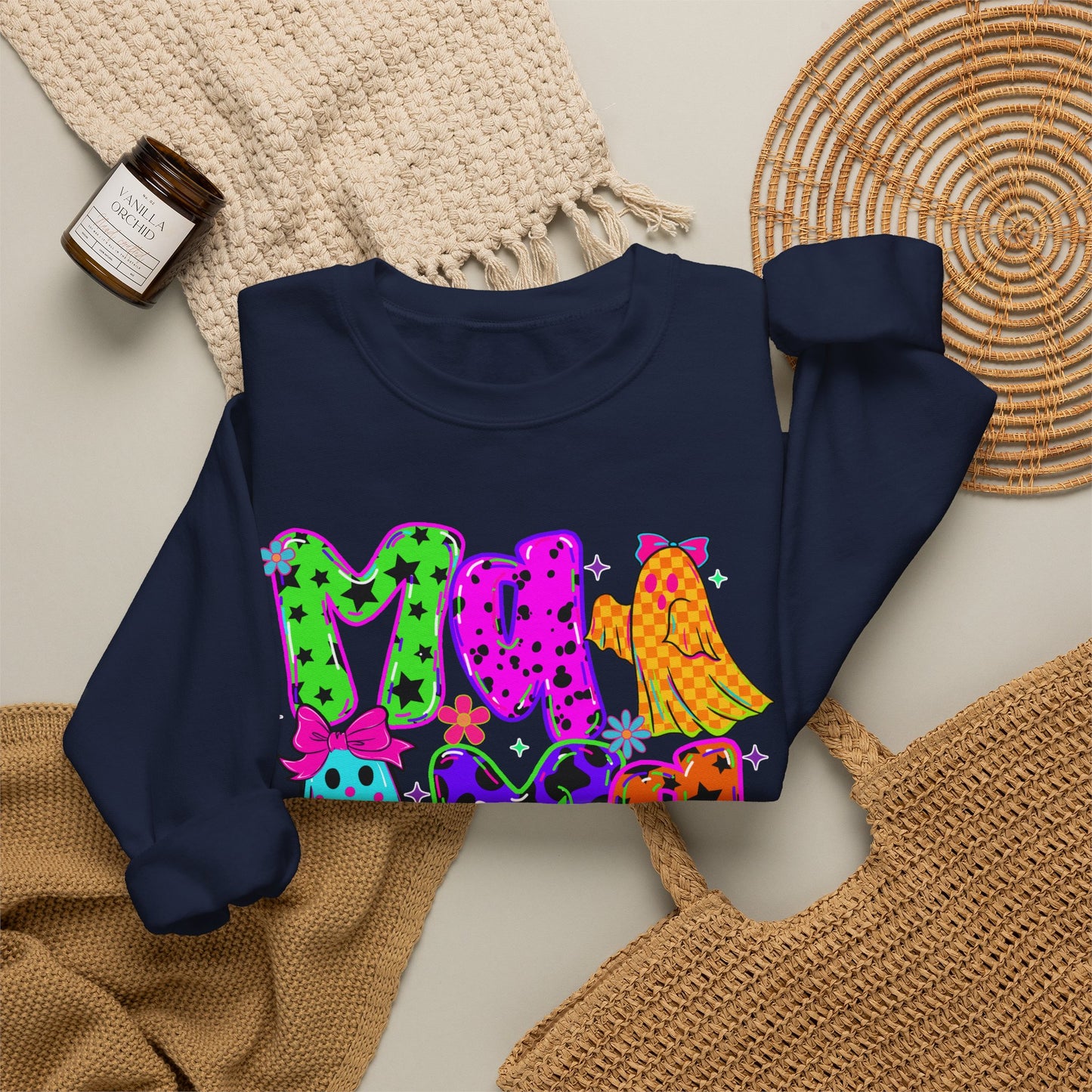 Ghost Mama Crewneck Sweatshirt — Colorful Neon Halloween Mom Pullover - Gifts for Mom - Mama Sweater - Halloween Sweater for Moms - Sweater Weather