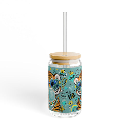 16oz Sipper Glass with Playful Tiger Design — 'Be You' Bubblegum Tumbler with Straw Glass Cup with Straw -