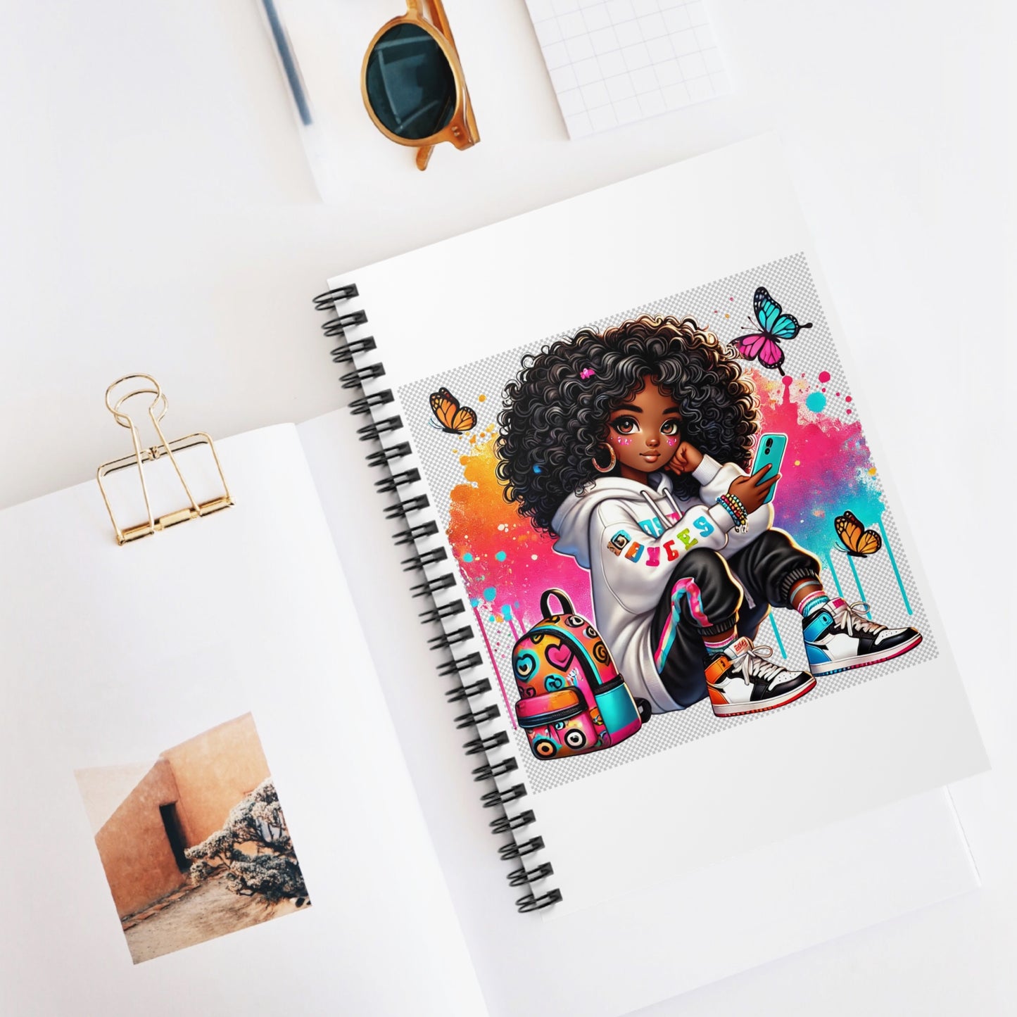 Spiral Notebook — Afro Girl with Butterfly Backpack — Cute Colorful Journal for Teens & Kids