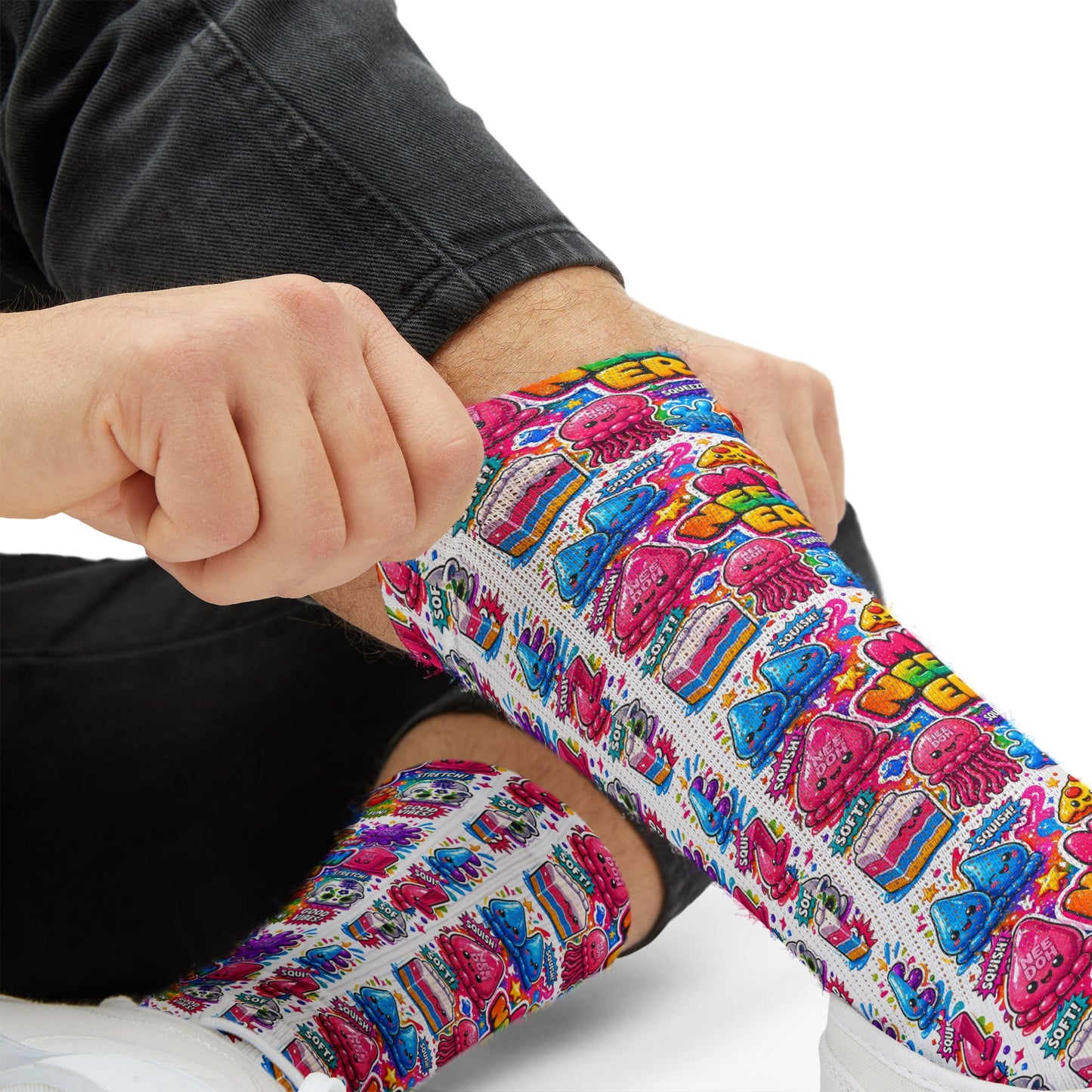 Retro Candy Pop Sublimation Socks — Colorful 90s Neon Pattern Crew Socks