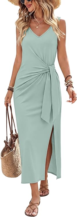 Women’s Sleeveless V-Neck Midi Wrap Dress | Summer Vacation & Resort Dress