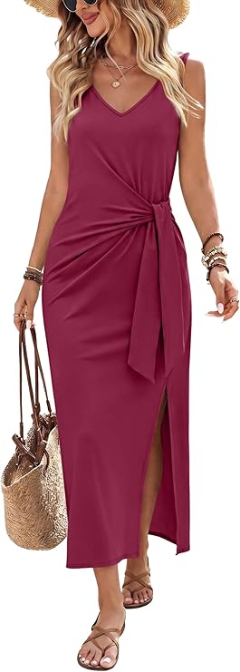 Women’s Sleeveless V-Neck Midi Wrap Dress | Summer Vacation & Resort Dress