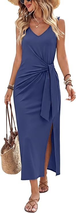 Women’s Sleeveless V-Neck Midi Wrap Dress | Summer Vacation & Resort Dress