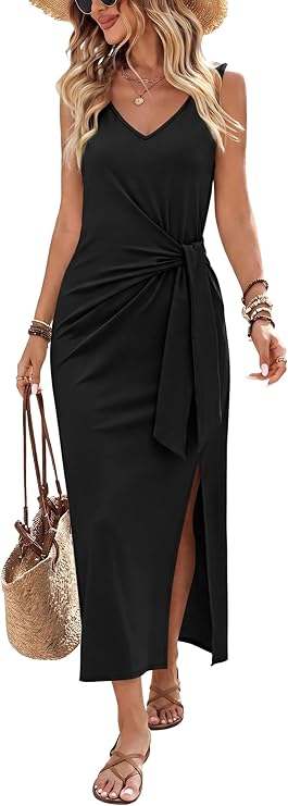 Women’s Sleeveless V-Neck Midi Wrap Dress | Summer Vacation & Resort Dress