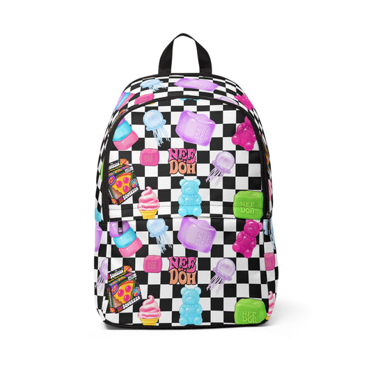 Checkerboard Candy Pattern Backpack — Cute Gummy, Ice Cream & 'Nerd Doh' Graphic School Bag