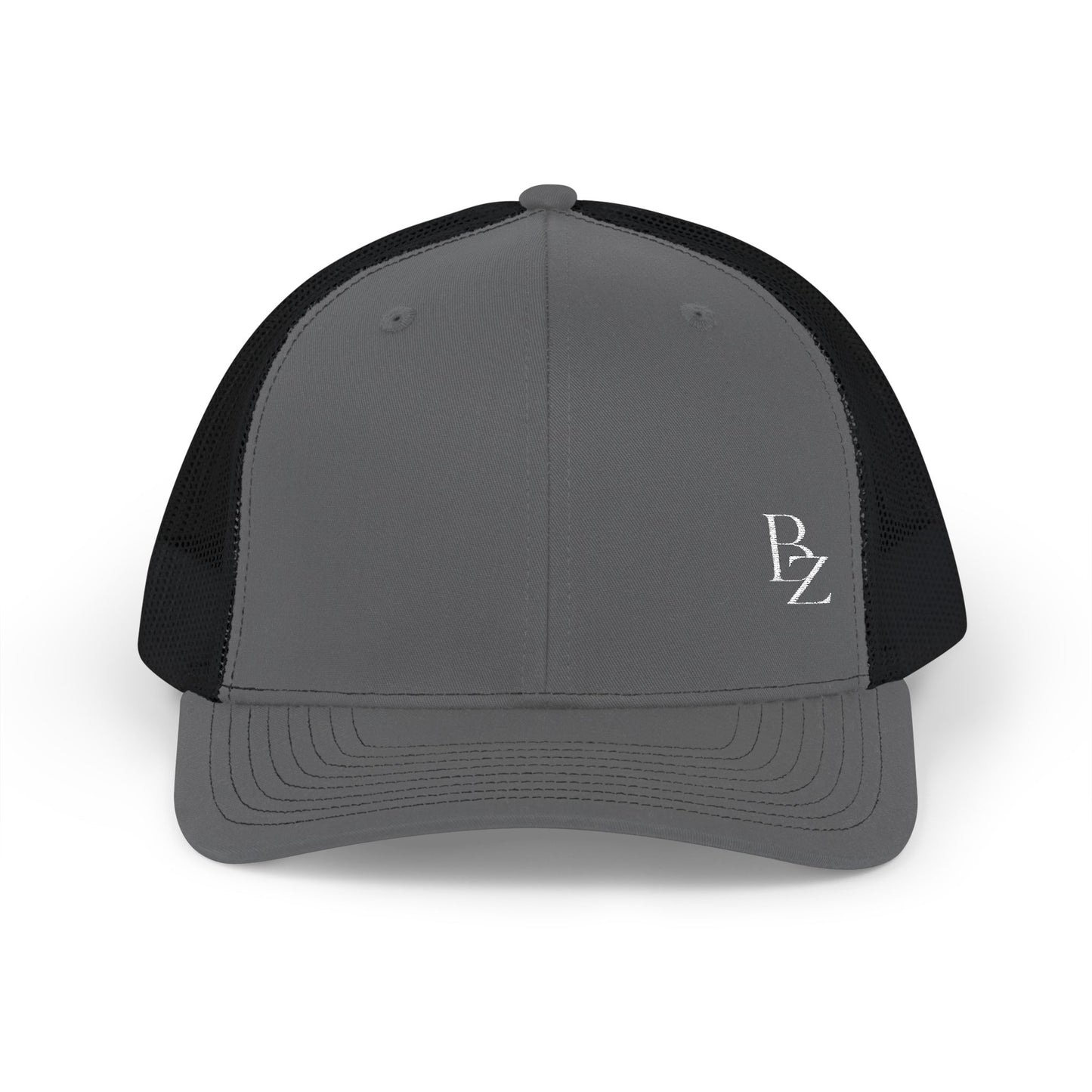 Embroidered 'BZ' Snapback Trucker Cap — Black Front White Mesh Hat