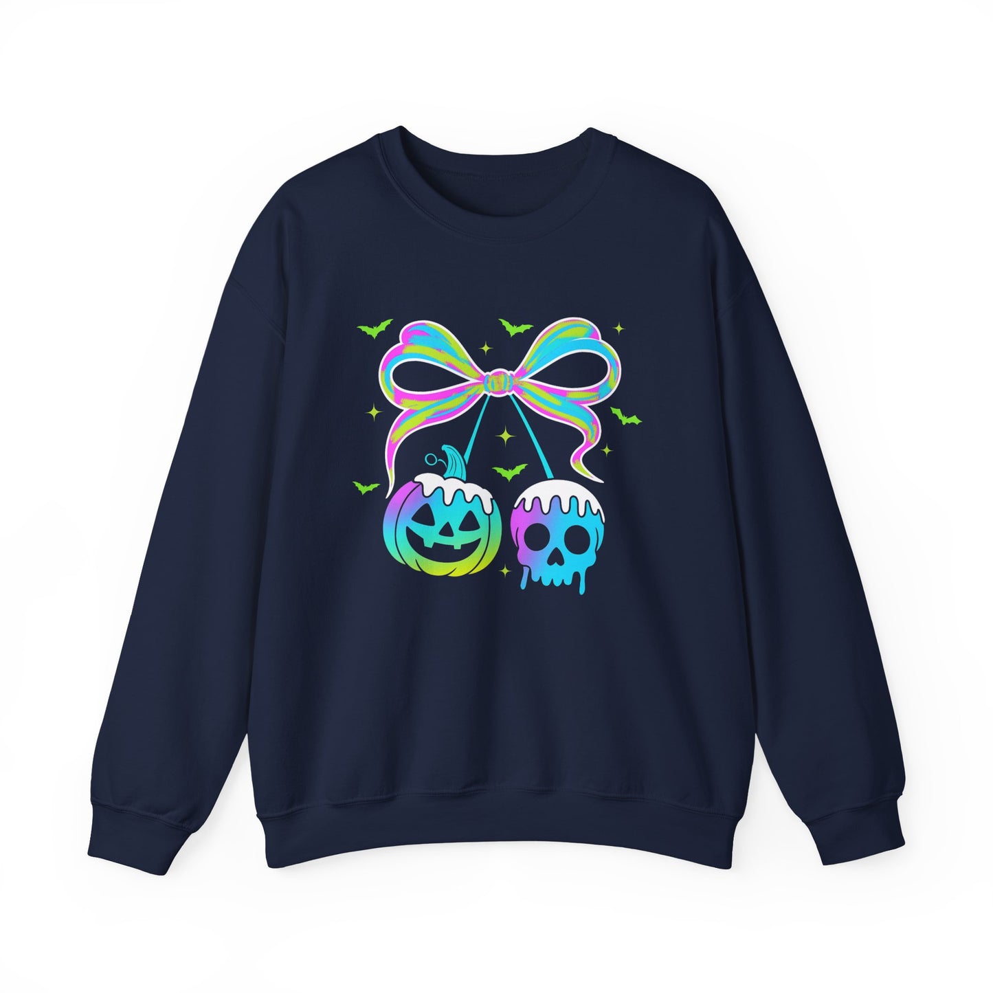 Halloween Candy Bow Sweatshirt — Neon Pumpkin & Skull Graphic- Halloween shirt - halloween sweater - halloween costume - gifts for halloween - halloween shirt