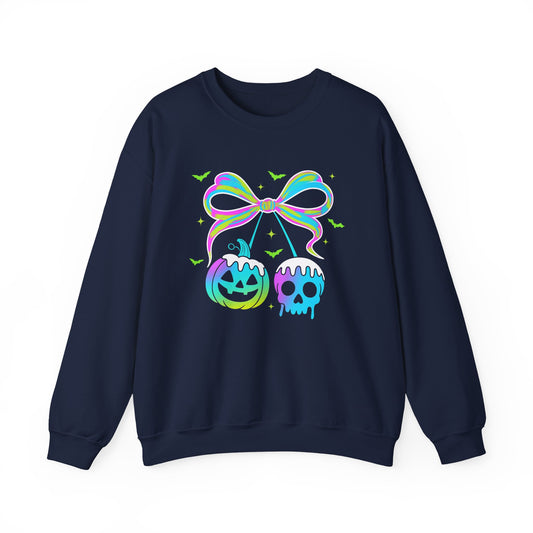 Halloween Candy Bow Sweatshirt — Neon Pumpkin & Skull Graphic- Halloween shirt - halloween sweater - halloween costume - gifts for halloween - halloween shirt