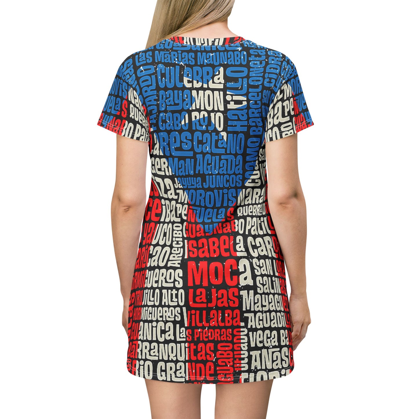 Puerto Rico Towns All-Over Print T-Shirt Dress — Red, White & Blue Typographic Design