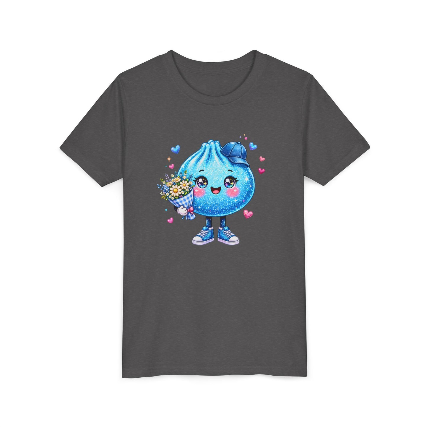 Cute Dumpling Kids Tee - Kawaii Blue Dumpling Holding Flowers Youth Shirt