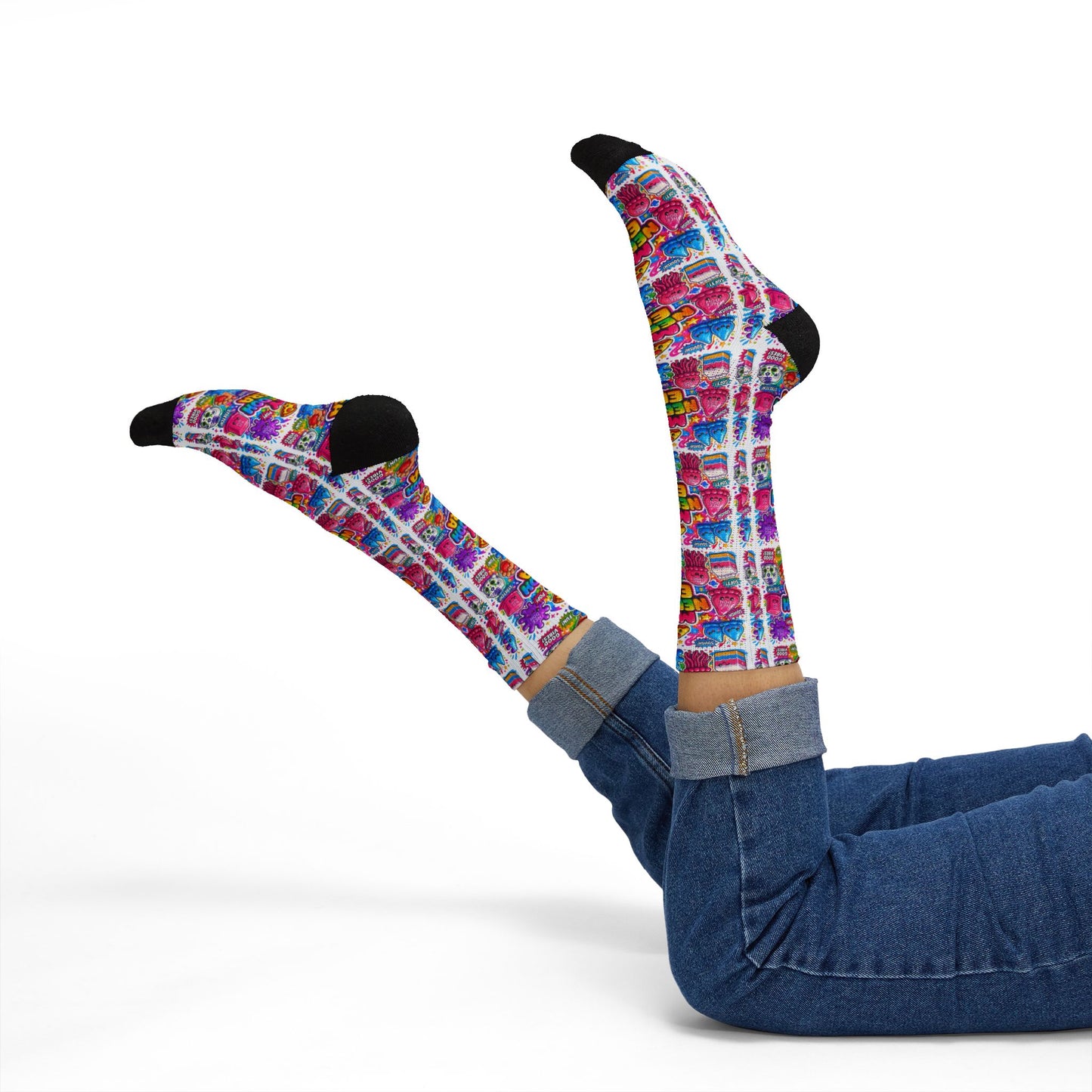 Retro Candy Pop Sublimation Socks — Colorful 90s Neon Pattern Crew Socks