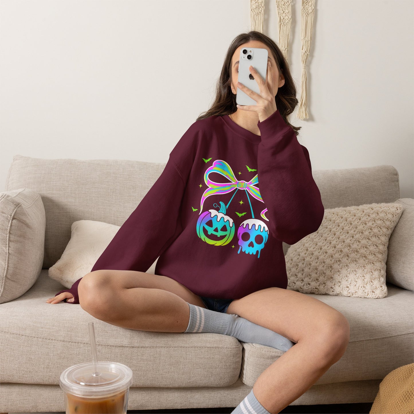 Halloween Candy Bow Sweatshirt — Neon Pumpkin & Skull Graphic- Halloween shirt - halloween sweater - halloween costume - gifts for halloween - halloween shirt