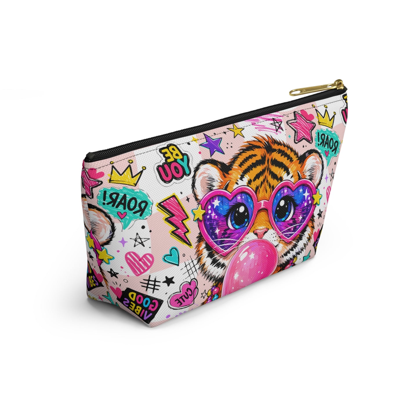 Cute Tiger Bubblegum Accessory Pouch — Heart Sunglasses Cosmetic Bag - kids pencil holder - back to school - Gifts for kids