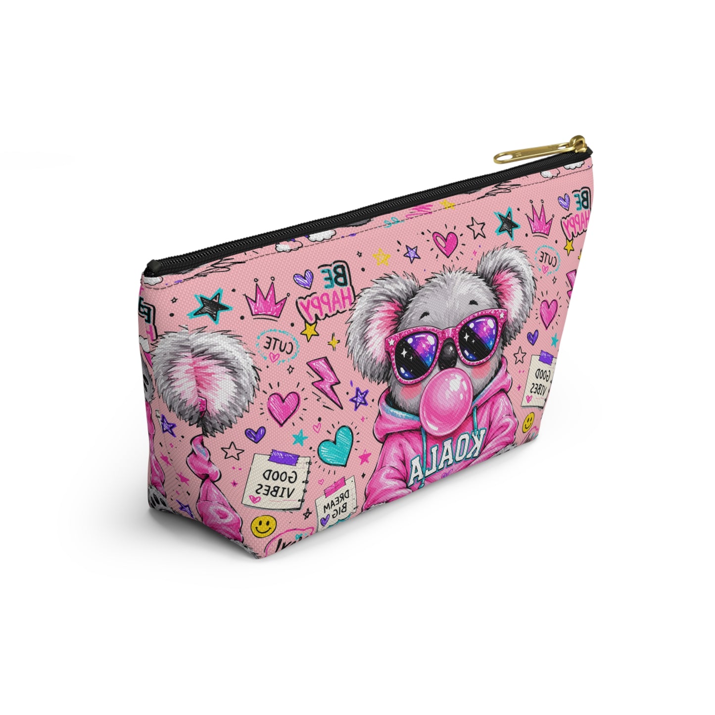 Cute Koala Bubblegum Accessory Pouch — Pink T-Bottom Makeup Bag with 'Koala' Hoodie & Good Vibes Pattern