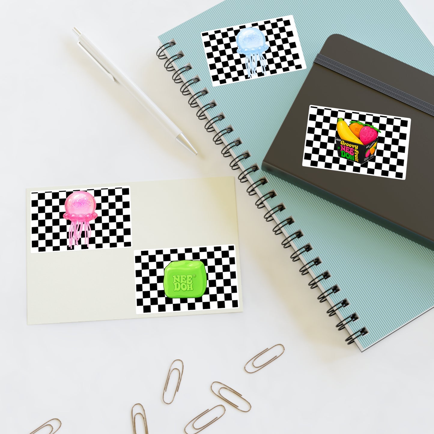Checkerboard Jellyfish & NeeDoh Sticker Sheet — Retro Cute Decorative Stickers