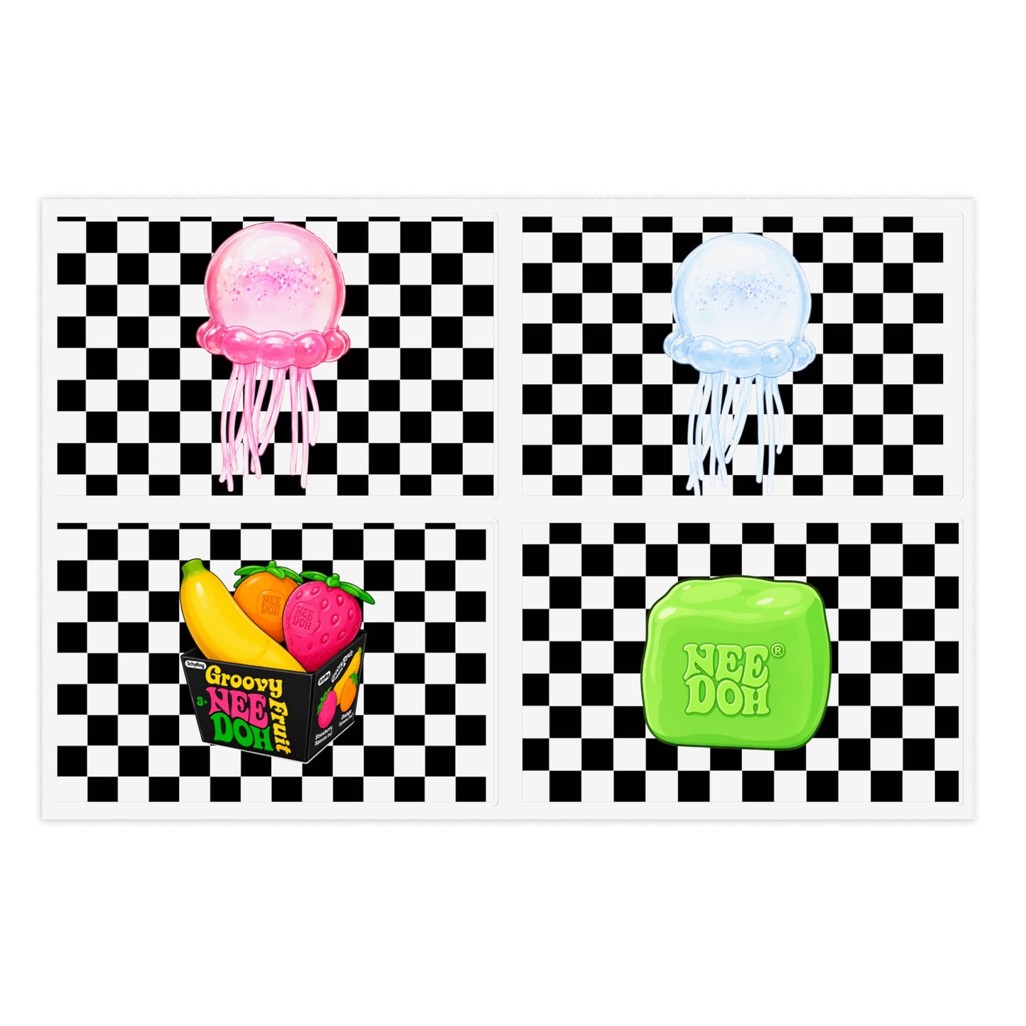 Checkerboard Jellyfish & NeeDoh Sticker Sheet — Retro Cute Decorative Stickers