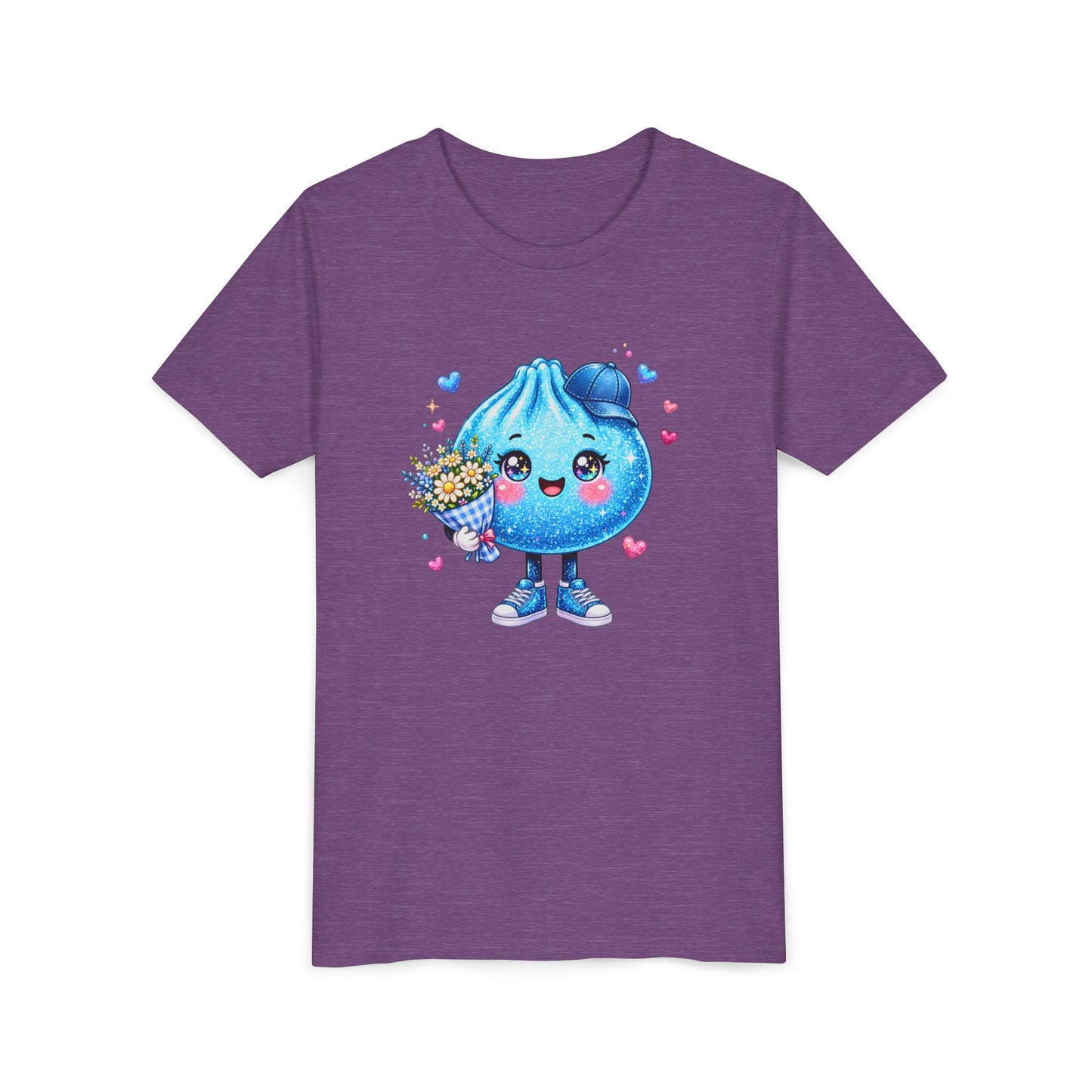 Cute Dumpling Kids Tee - Kawaii Blue Dumpling Holding Flowers Youth Shirt