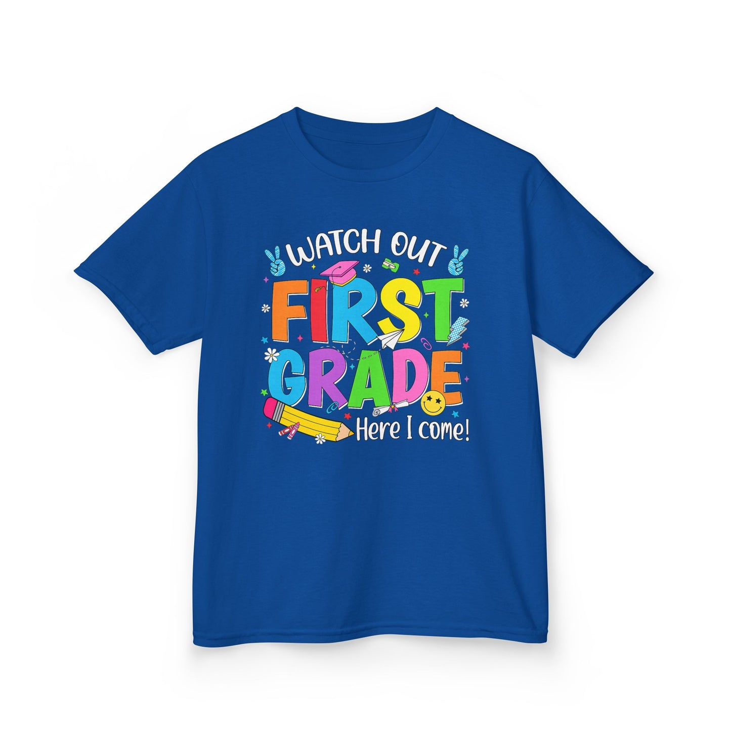 First Grade Kids T‑Shirt — "Watch Out First Grade Here I Come!" Back-to-School Tee