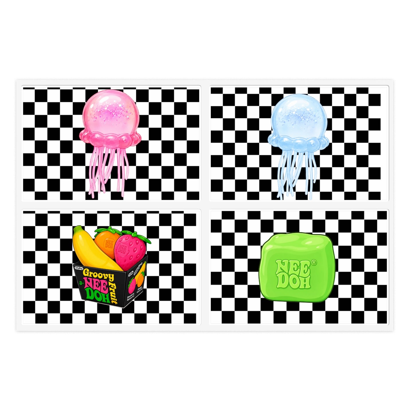 Checkerboard Jellyfish & NeeDoh Sticker Sheet — Retro Cute Decorative Stickers