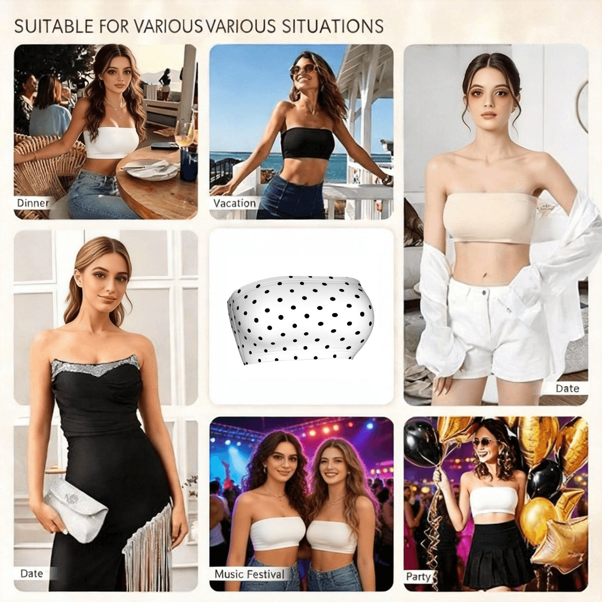 Women's Black & White Polka Dot Strapless Tube Top | Trendy Y2K Summer Bandeau Crop Top | Cute Vacation & Going Out Fashion