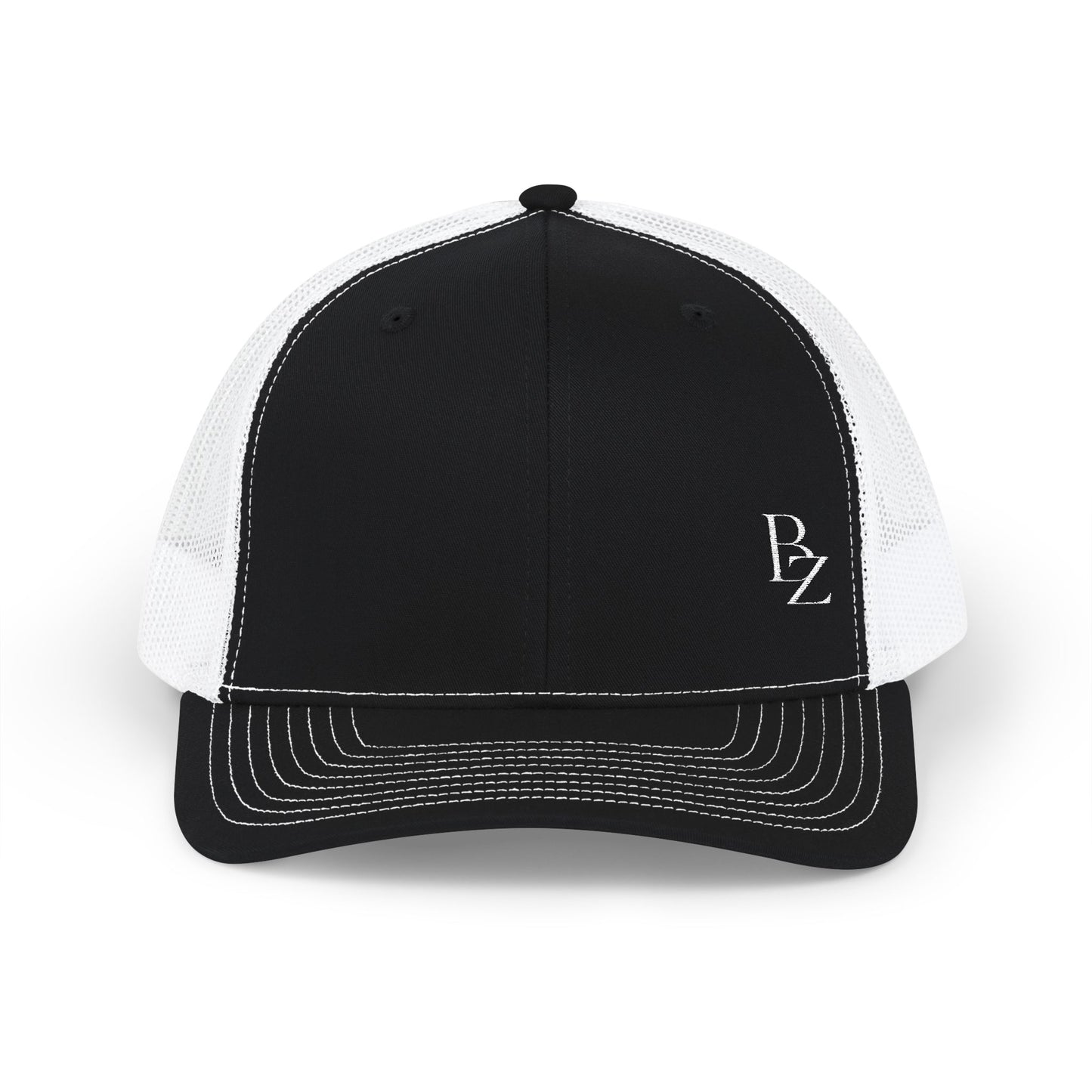 Embroidered 'BZ' Snapback Trucker Cap — Black Front White Mesh Hat